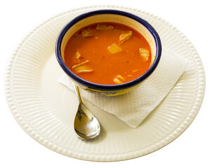 Broth Olla Morellana with beans and vegetables, dish of Spanish cuisine. Isolated over white background