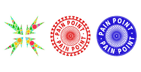 Compression arrows mosaic of Christmas symbols, such as stars, fir trees, color round items, and PAIN POINT unclean stamp prints. Vector PAIN POINT stamp seals uses guilloche pattern,