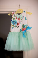 Little girls beautiful dress with floral top and green tulle skirt hung up on a door