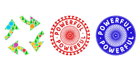 Swirl arrows collage of New Year symbols, such as stars, fir trees, colored spheres, and POWERFUL rough stamp seals. Vector POWERFUL stamp seals uses guilloche ornament,