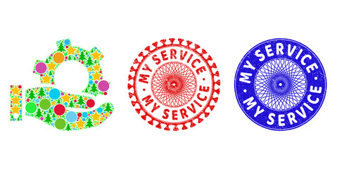 Service collage of New Year symbols, such as stars, fir trees, color round items, and MY SERVICE grunge stamp imitations. Vector MY SERVICE stamp seals uses guilloche ornament,