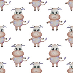 Seamless watercolor pattern with bulls on a white background. Suitable for scrapbooking, packaging, wrapping, postcards, fabric.