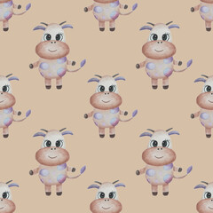 Obraz premium Seamless watercolor pattern with bulls on a beige background. Suitable for scrapbooking, packaging, wrapping, postcards, fabric.