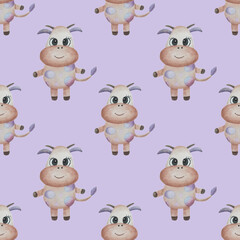 Seamless watercolor pattern with bulls on a lilac background. Suitable for scrapbooking, packaging, wrapping, postcards, fabric.