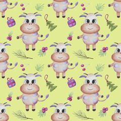 Seamless watercolor pattern with bulls, holly, fir trees and fir branches on a yellow background. Suitable for scrapbooking, packaging, wrapping, postcards, fabric.