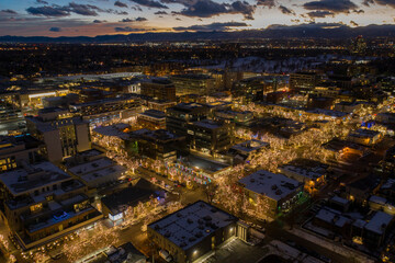Fototapeta na wymiar Aerial View of Cherry Creek Shopping and Dining District in the Denver Metro with Christmas Lights during the Holidays