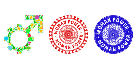 Technological potence collage of New Year symbols, such as stars, fir trees, color round items, and WOMAN POWER corroded stamp prints. Vector WOMAN POWER stamps uses guilloche pattern,