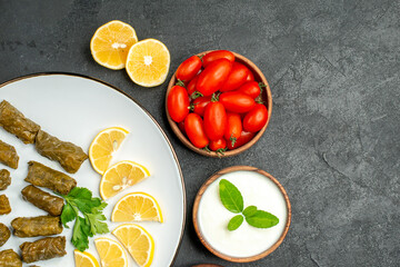 top view stuffed grape leaves parsley leaves and lemon half slices on plate bowls with cherry tomatoes natural yogurt green peppers slices of lemon on dark background with copy space
