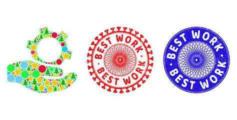 Fototapeta premium Engineering service mosaic of Christmas symbols, such as stars, fir trees, multicolored round items, and BEST WORK textured seals. Vector BEST WORK watermarks uses guilloche pattern,