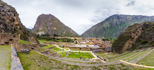 Panoramic view of Ollantaytambo, Old Inca fortress in the Sacred Valley in the Andes mountains of Cuzco, Peru
