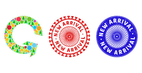 Rotate ccw collage of New Year symbols, such as stars, fir-trees, color circles, and NEW ARRIVAL grunge seals. Vector NEW ARRIVAL imprints uses guilloche ornament, designed in red and blue colors.