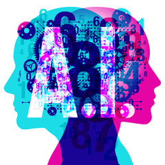 A Female and Male side silhouette profile overlaid with various semi-transparent Machine Gears, Numerals and Circuit board shapes. Centrally positioned is a semi-transparent word A.I.