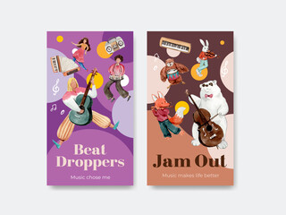 Instagram template with music festival concept design for social media and community watercolor vector illustration