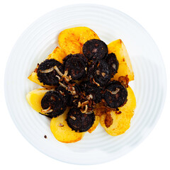 Delicious blood sausages with garnish of potatoes and grilled onion. Isolated over white background