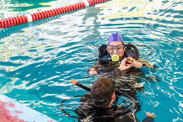pair of divers in the water planning an activity