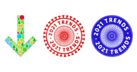 Arrow down mosaic of Christmas symbols, such as stars, fir trees, color circles, and 2021 TRENDS corroded stamp prints. Vector 2021 TRENDS stamps uses guilloche ornament,
