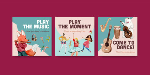 Advertise template with music festival concept design for ads and marketing watercolor vector illustration