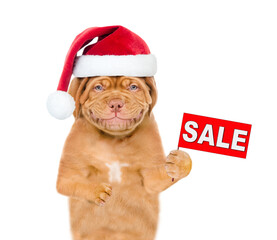 Smiling puppy  wearing a red christmas hat holds sales symbol. isolated on white background