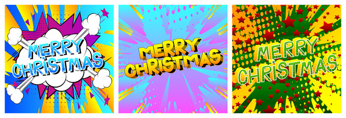 Comic book Christmas card template. Vector graphic for holiday slide, banners and web design with cartoon elements.
