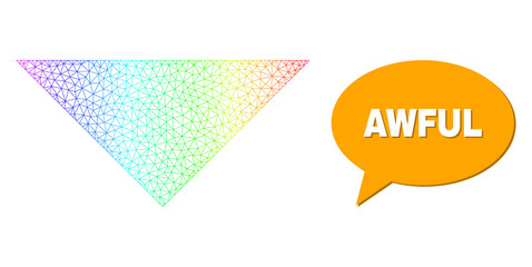 Awful and arrowhead down vector. Spectrum colorful mesh arrowhead down, and chat Awful cloud message. Speech colored Awful cloud has shadow.