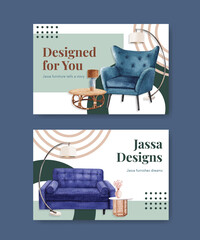 Facebook template with Jassa furniture concept design for social media and online marketing watercolor vector illustration