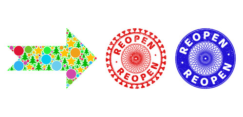 Arrow right collage of Christmas symbols, such as stars, fir-trees, bright round items, and REOPEN rough stamp imitations. Vector REOPEN imprints uses guilloche pattern,