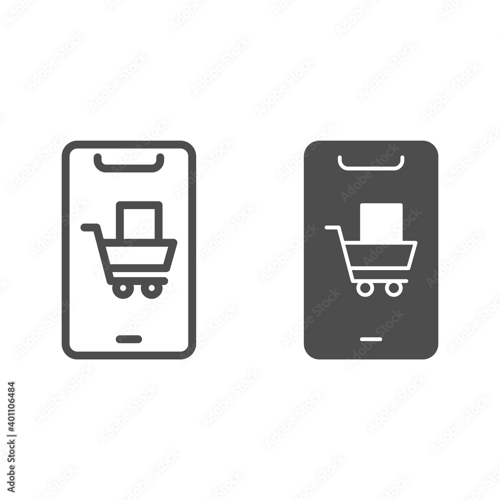 Poster mobile phone with shopping cart line and solid icon, shopping concept, smartphone with open store ap