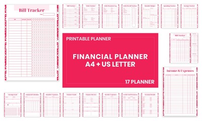 Beauty Pink Financial planner Bill,Debt,Payoff,Log,monthly,weekly,budget,Saving,Income,Expenses,Account,
Credit Card,Goal,Calendar,pages templates collection set of vector A4 and US Letter Ai, EPS 10