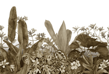 tropische blätter und blumen, handgezeichnet mit aquarell. Nahtloses tropisches Muster. Abbildung auf Lager © Арина Трапезникова