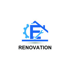Initial letter E with gear, wrench and home icon for Home renovation, construction, repair and maintenance logo design concept vector