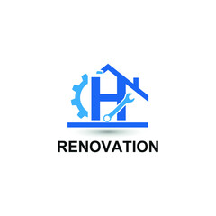 Initial letter H with gear, wrench and home icon for Home renovation, construction, repair and maintenance logo design concept vector