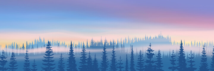 Winter northern landscape. Sunset light, coniferous forest. © Valerii