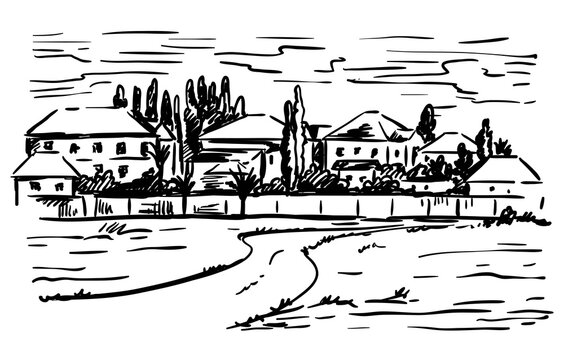 village houses and farmland. sketch drawn by hand on a grey background