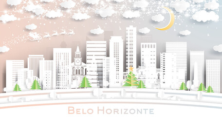 Belo Horizonte Brazil City Skyline in Paper Cut Style with Snowflakes, Moon and Neon Garland.