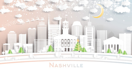 Fototapeta premium Nashville Tennessee USA City Skyline in Paper Cut Style with Snowflakes, Moon and Neon Garland.