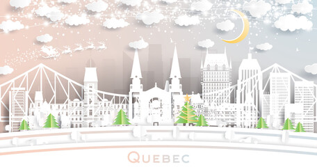 Quebec Canada City Skyline in Paper Cut Style with Snowflakes, Moon and Neon Garland.