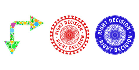 Bifurcation arrow right down mosaic of Christmas symbols, such as stars, fir trees, color spheres, and RIGHT DECISION unclean stamp imitations.