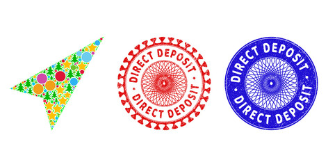 Arrowhead right-up mosaic of Christmas symbols, such as stars, fir-trees, color circles, and DIRECT DEPOSIT corroded stamp imitations. Vector DIRECT DEPOSIT imprints uses guilloche ornament,