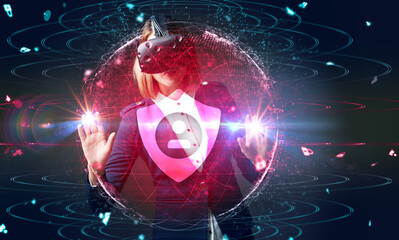 Cyber security data protection business technology privacy concept. Young businessman  select the icon security on the virtual display.