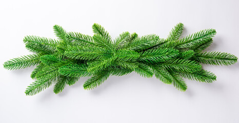 Christmas holiday garland fir tree border branch, top view overhead festive Xmas studio shot...