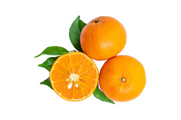 isolated orange whole and half slice with green leaves a top view die-cut of citus fruit for healthy foods and juice beverage ingredient with clipping path on white background