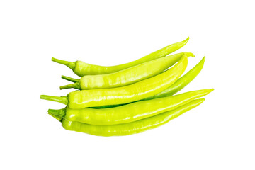 isolated group of paprika yellow and green color or thai chilli with clipping path on white background a closeup of pepper for hot and spicy food ingredient