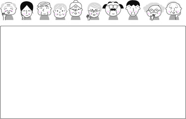 コピースペース、ほわほわタッチ、イラスト、ベクター、カット、かわいい、笑顔、お年寄り、老人、長生き、生き生き、dog、パートナー、仲間、友達、老人ホーム、デイケア、介護施設、友達、介護、福祉、複数、中高年、ボケ防止、生き甲斐、デイサービス、通所井リハビリテーション、交流、レクレーション、医療施設、社会復帰、宅老所、人々、女性、男性、男女、モノクロ、K