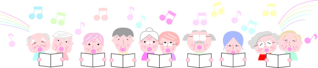 ほわほわタッチ、イラスト、ベクター、カット、かわいい、笑顔、お年寄り、老人、長生き、生き生き、dog、パートナー、仲間、友達、老人ホーム、デイケア、介護施設、友達、介護、福祉、複数、中高年、ボケ防止、生き甲斐、デイサービス、通所井リハビリテーション、交流、レクレーション、医療施設、社会復帰、宅老所、人々、女性、男性、男女、歌、合唱、童謡