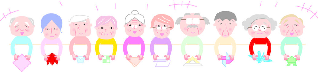 ほわほわタッチ、イラスト、ベクター、カット、かわいい、笑顔、お年寄り、老人、長生き、生き生き、dog、パートナー、仲間、友達、老人ホーム、デイケア、介護施設、友達、介護、福祉、複数、中高年、ボケ防止、生き甲斐、デイサービス、通所井リハビリテーション、交流、レクレーション、医療施設、社会復帰、宅老所、人々、女性、男性、男女、折り紙、手作業、工作、リハビリ