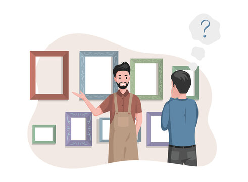 Man in apron selling frames for pictures in art studio or paintings shop vector flat illustration. Man in casual clothes choosing frame for his picture in picture frames shop. Creative job concept.