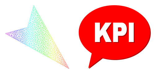 Kpi and arrowhead right-down vector. Spectral colored mesh arrowhead right-down, and speech Kpi bubble message. Conversation colored Kpi bubble has shadow.