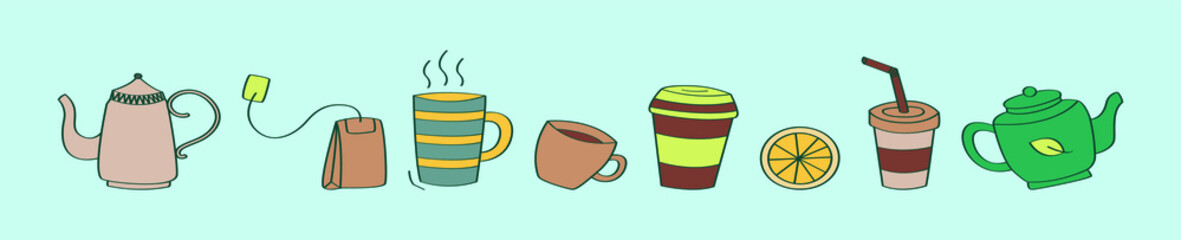set of tea cartoon icon design template with various models. vector illustration isolated on blue background