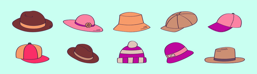 set of lady hats cartoon icon design template with various models. vector illustration isolated on blue background