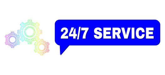 24/7 Service and gears vector. Spectrum colored mesh gears, and speech 24/7 Service bubble message. Speech colored 24/7 Service bubble has shadow. Vector wireframe generated from gears icon with mesh.
